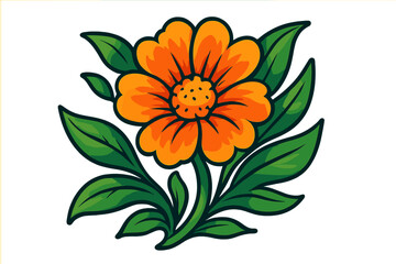 Bright orange marigold flower illustration with green leaves. Vector cartoon graphic of a blooming floral element. Isolated botanical design for spring or summer themes.