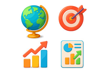 Colorful 3d business icon set. Globe, target, sales growth chart, data analytics report. Vector cartoon symbols for strategy, finance, marketing, and global success concept.