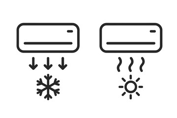 Air conditioner icons set. Cooling and heating modes. Vector line art illustration of climate control system. Cold snowflake and hot sun symbols for AC unit. HVAC.
