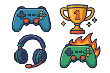 Gaming elements icon set for esports competition. Vector cartoon illustrations of gamepads, winner trophy, headset. Competitive video game culture sticker pack collection.