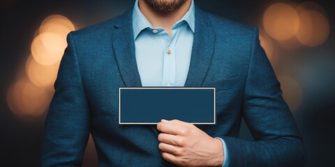 Elegant person in tailored suit, holding blank sign with space for text
