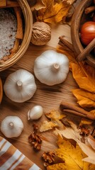 Flat lay of garlic bulbs, cinnamon, salt, walnuts and autumn leaves on wooden table, warm seasonal food concept banner with copy space for recipes