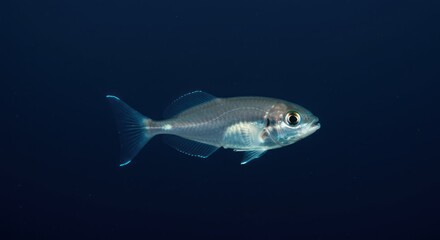 Fototapeta premium Stunning close-up view of a transparent glassfish swimming in the deep blue solitude of the ocean