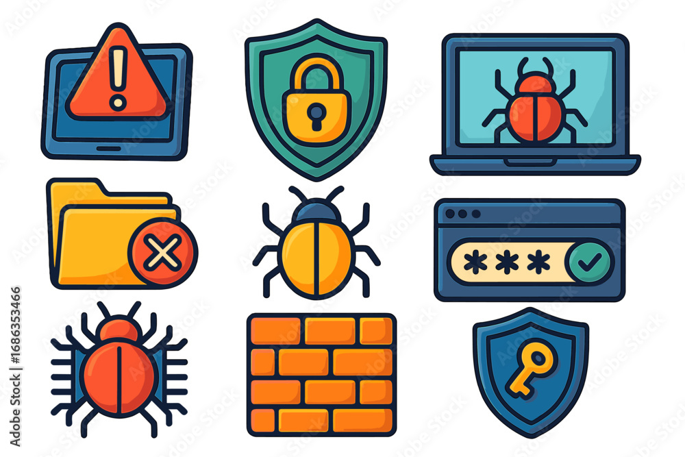 Poster cybersecurity vector icon set. internet security, data protection, and virus attack concepts. hacker