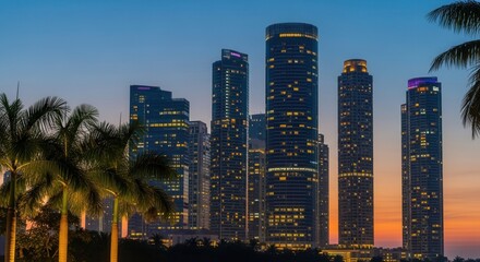 Miami skyline at twilight with palm trees showcasing the city's vibrant urban landscape