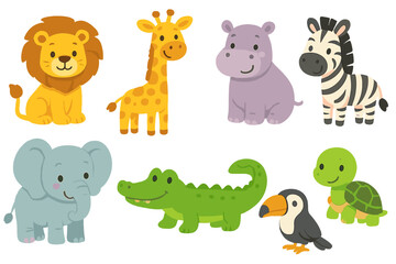 Cute jungle animals vector set. Cartoon safari characters collection with lion, giraffe, hippo, zebra, elephant, crocodile, turtle, toucan. Baby animal illustrations for kids.