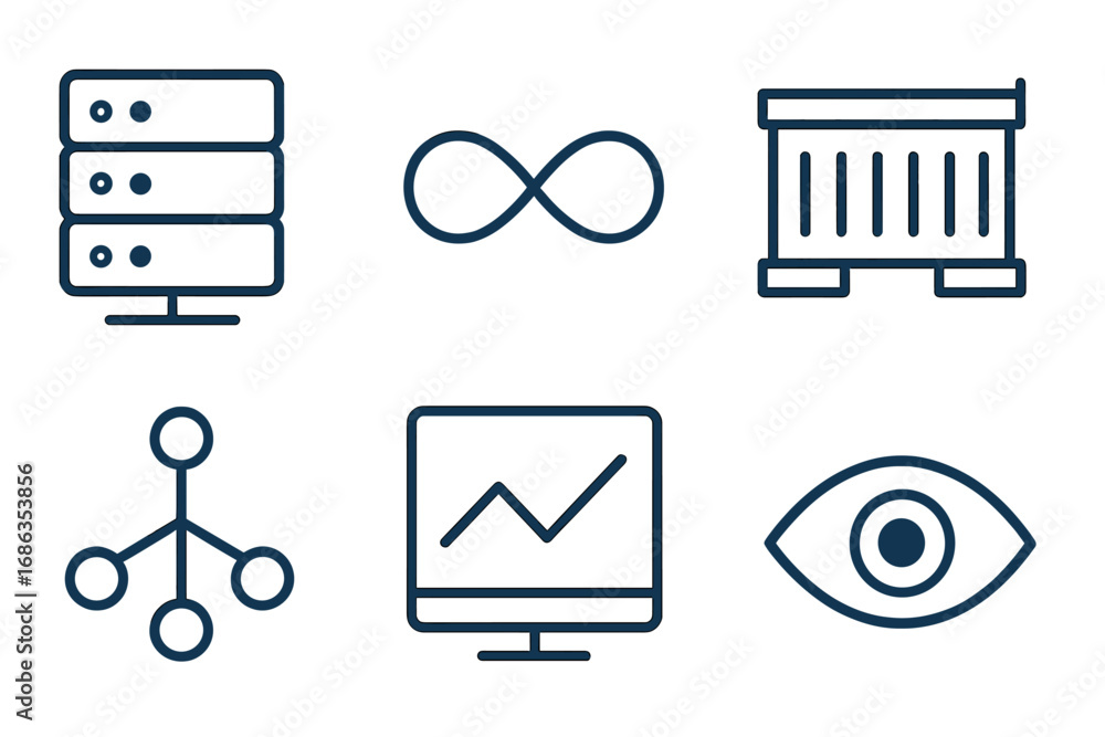 Aufkleber minimalist technology icon set for devops and cloud computing. vector line art symbols for server, d