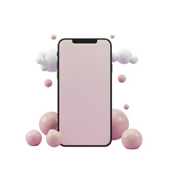 3D Render Smartphone with Pink Display Clouds and Spheres Isolated Background