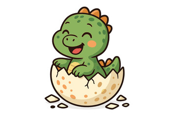 Obraz premium Cute baby dinosaur hatching from an egg. Happy cartoon dino character born. Vector illustration of a smiling green reptile. New life concept. Prehistoric animal mascot design.