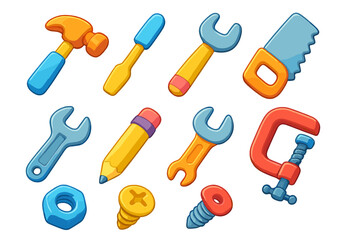 Colorful cartoon tool icons set with a 3D effect. Vector illustration of workshop instruments. Hammer, saw, wrench, screw, and clamp for repair, build, or game projects.