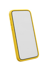 3D Render Yellow Smartphone With White Empty Screen On Black Background