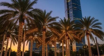 Palm trees adorned with lights in Tel Aviv, Israel, against the backdrop of a modern skyscraper