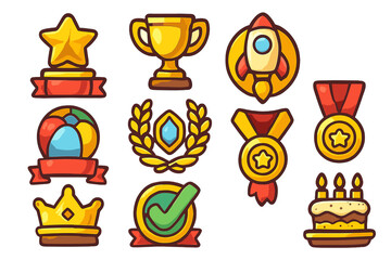 Set of cartoon achievement icons for game UI. Collection of rewards, awards, and trophies for celebrating milestones and success. Vector illustration of badges, medals, and prizes.