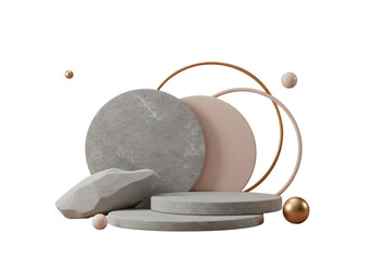 3D Rendered Abstract Background with Stone and Gold Elements on Black