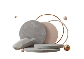 3D Rendered Abstract Background with Stone and Gold Elements on Black