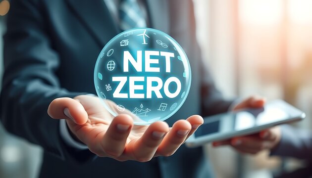 Businessman holding a glass sphere with NETZERO text and environmental icons sustainability net zero