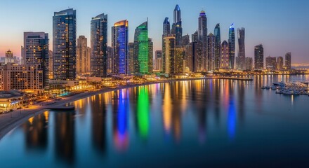 Spectacular Dubai Marina skyline illuminated at dusk reflecting in the tranquil waters