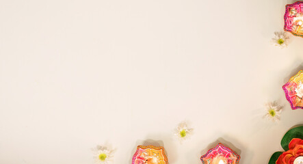 Festive Lighting. Beautiful Diyas and Marigold Flowers for Diwali Celebration