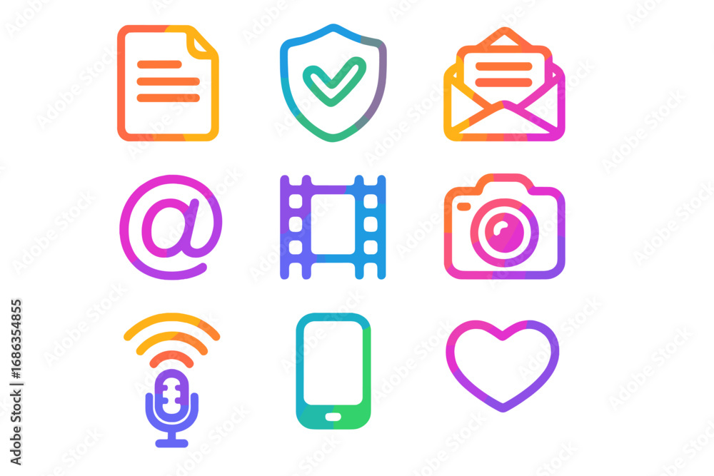 Poster vector set of colorful gradient line icons for digital technology and communication concepts. modern