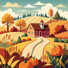 A charming autumn landscape featuring a cozy farmhouse nestled amidst rolling hills and vibrant fall foliage
