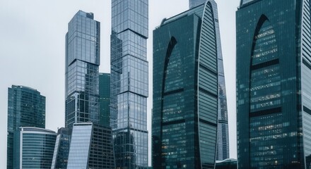 Obraz premium Striking architecture of Moscow's modern skyline featuring towering glass skyscrapers reflecting