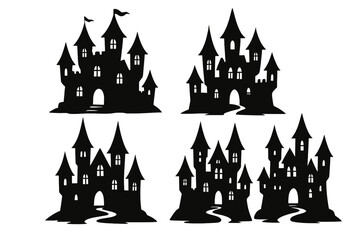 Set of haunted castle silhouettes for Halloween. Spooky gothic palace icons. Black scary fortress for vampire or dracula themes. Dark medieval fantasy vector illustration collection.