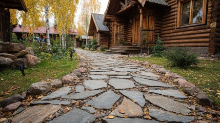 Rustic wooden house with stone pathway leading to entrance in natural outdoor setting du daytime