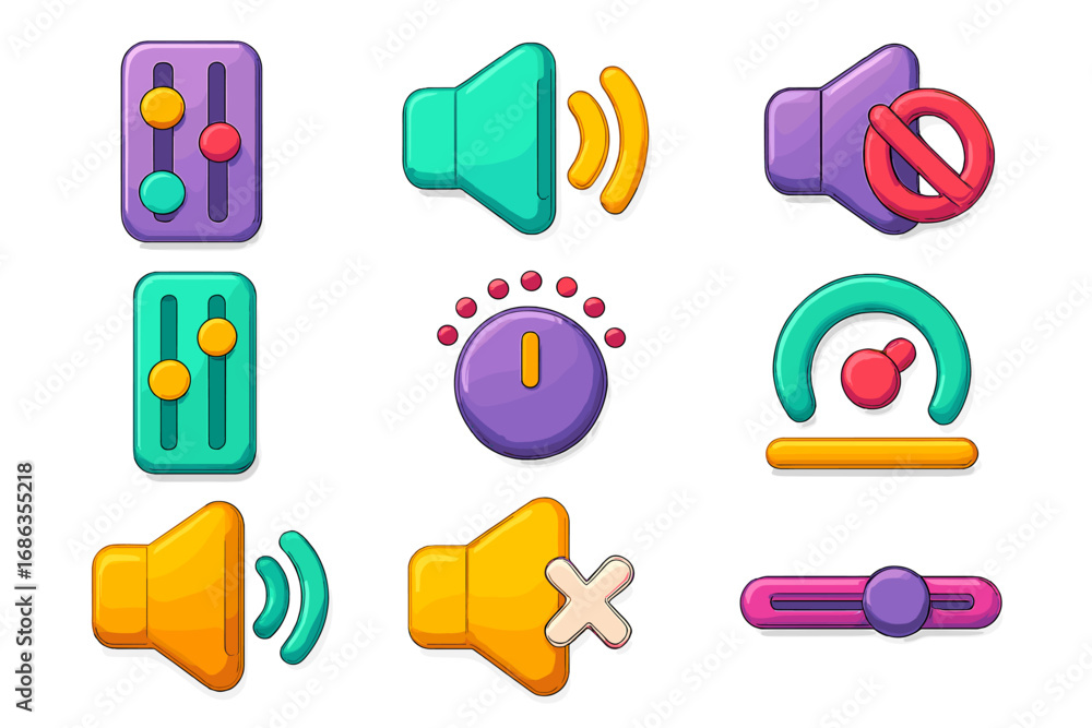 Poster colorful 3d audio control icons with slider buttons. vector cartoon set for sound and music ui. volu