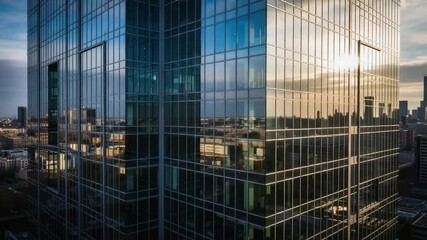 Modern glass skyscraper reflecting the city skyline and sky, suitable for architectural presentations, urban development projects, and real estate marketing materials. - Powered by Adobe