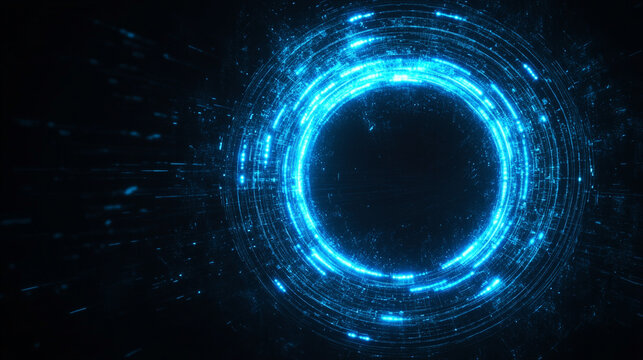 Futuristic neon background of blue glowing sound waves in radial pattern. Audio waveform visualization with circular neon lights, perfect for music and tech designs.
