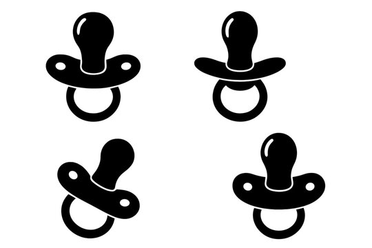 Vector icon collection of baby pacifiers. Black silhouette illustration of soother or dummy for newborn and infant care. Simple flat design element for childhood theme.
