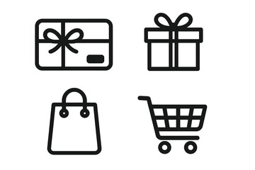 Shopping and retail icon set with gift card, present box, shopping bag and cart. Vector line art symbols for e-commerce, purchase, sale, and customer rewards. Minimalist design.