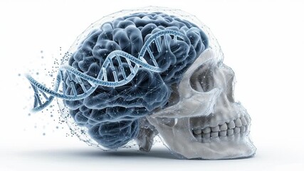 Brain skull DNA strand neural network connections genetics neuroscience medical anatomy science complex relationship neurological functions mental health molecular structure futuristic style analysis - Powered by Adobe