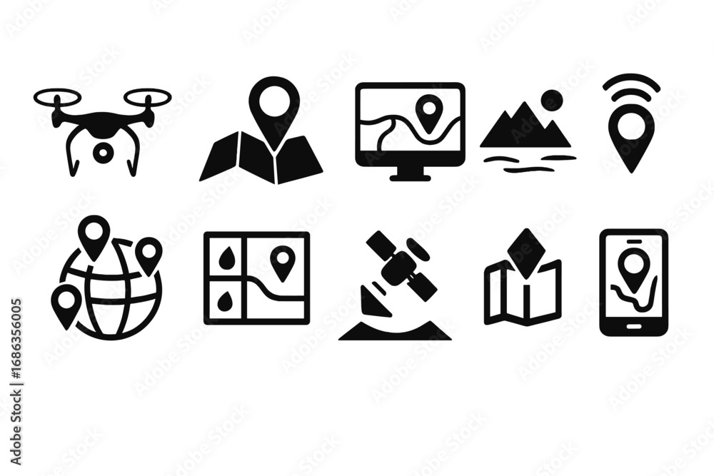 Poster drone mapping and gps navigation icon set. vector silhouette symbols for location, satellite trackin