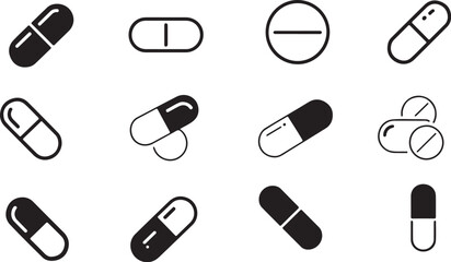 Pill and Capsule Icons Minimalist Black and White Line Art, Grid Layout on White Background