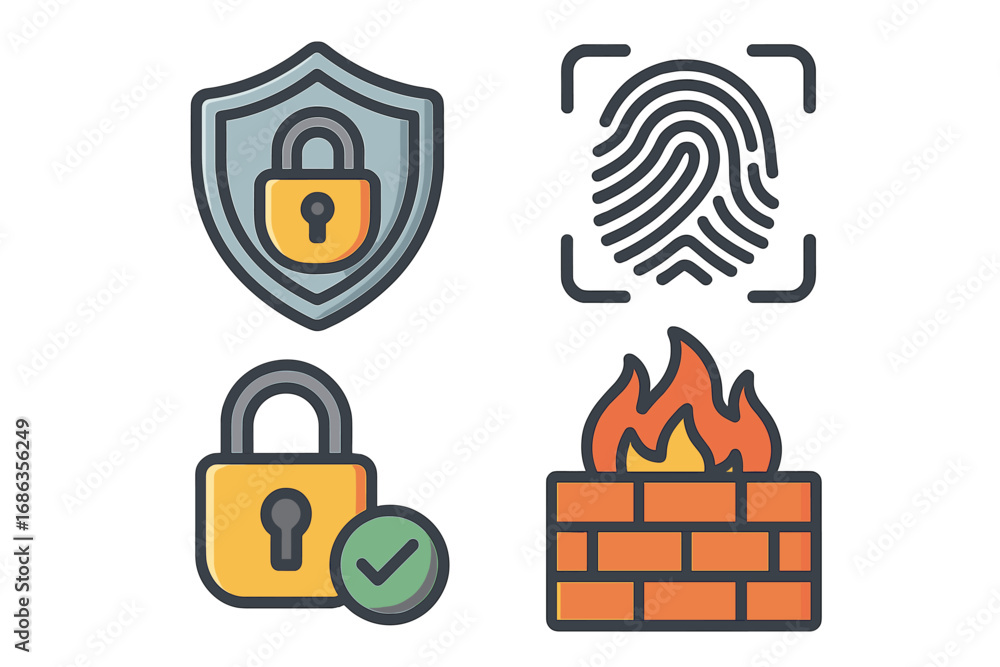 Poster cybersecurity vector icon set for data protection and digital safety. includes shield, lock, fingerp