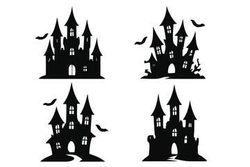 Set of spooky castle silhouettes for Halloween. Haunted house vector icons. Gothic palace, dark horror mansion with bats. Creepy mysterious building illustration collection.