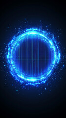Futuristic neon background of blue glowing sound waves in radial pattern. Audio waveform visualization with circular neon lights, perfect for music and tech designs.