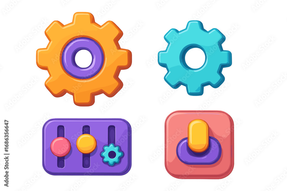 Aufkleber colorful 3d gear and control icon set for ui and ux design. includes settings cogwheel, adjustment s