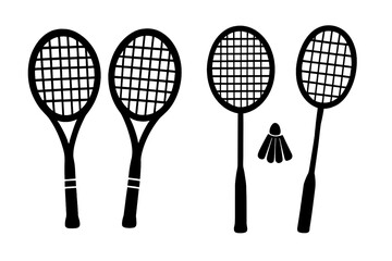 Tennis and badminton racket silhouette set. Vector sport equipment icon collection. Black graphic design elements for game, competition, and leisure. Racquet and shuttlecock.