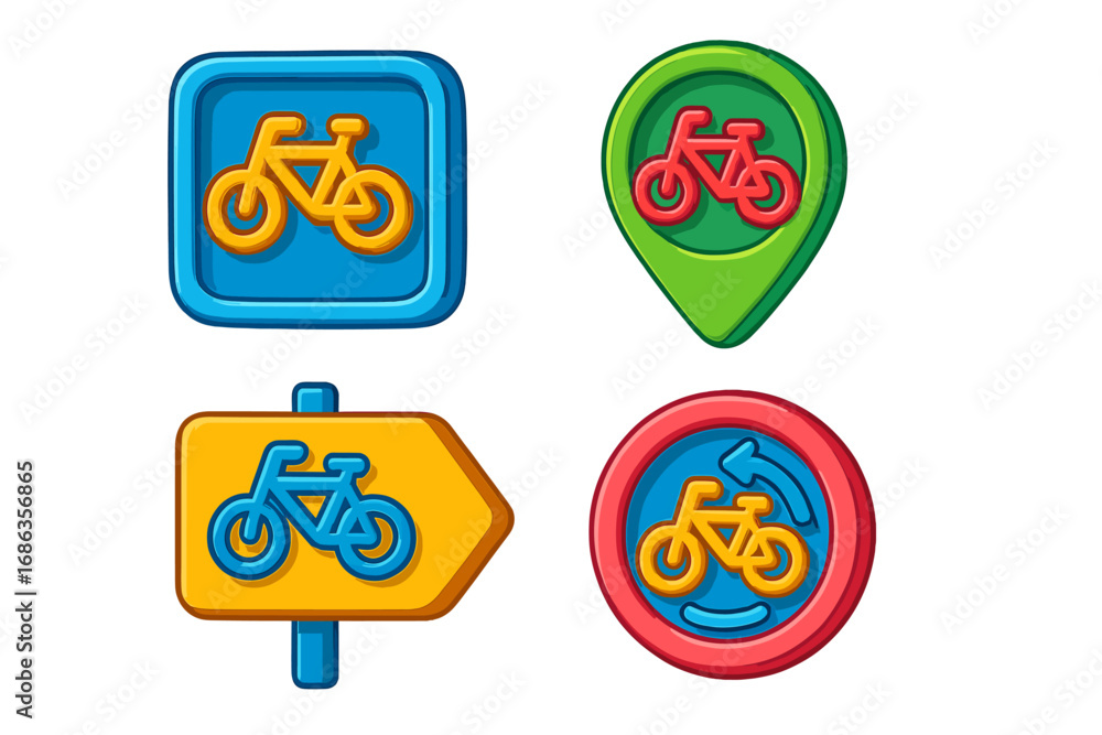 Aufkleber set of colorful 3d bicycle icons for navigation and maps. includes bike path sign, location pin, dir