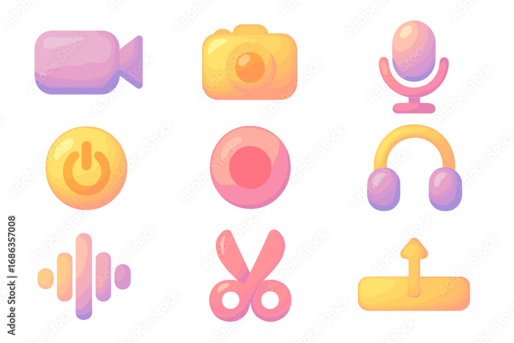 Aufkleber soft 3d gradient multimedia icon set for content creation. vector icons for video, audio recording a