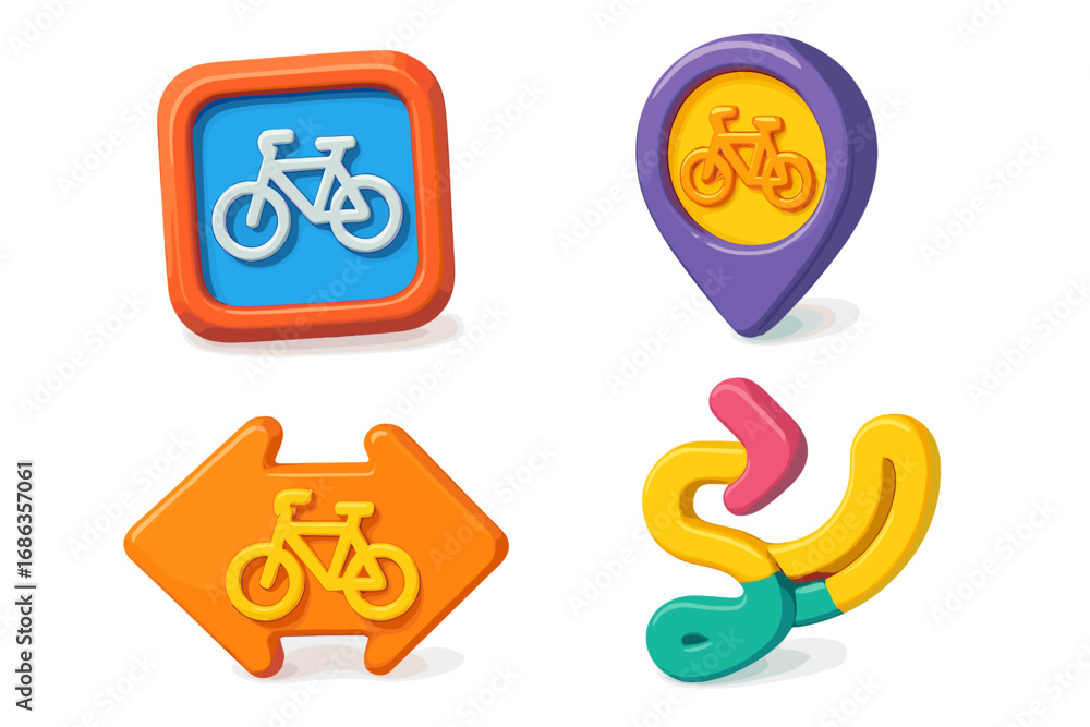 Poster set of 3d bicycle navigation icons. vector cartoon symbols for cycling paths, direction, and routes.