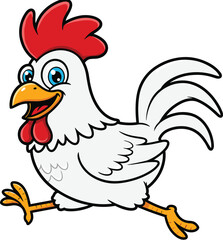 Funny cartoon white rooster running, happy chicken character, farm bird illustration, animated animal, poultry mascot, vector clip art