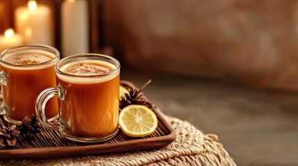 Two glass mugs of spiced lemon tea on tray with pinecones and candles, cozy autumn scene for a warm fall banner with copy space for seasonal relaxation