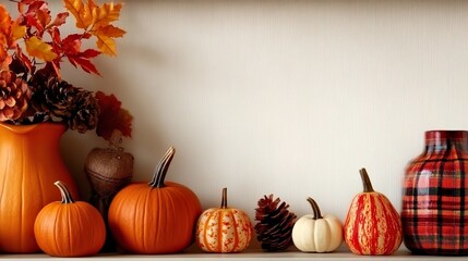Arrangement of pumpkins, pinecones and colorful autumn leaves on a shelf with plaid vase and soft lighting, cozy fall banner with copy space for home décor themes