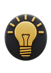 3D Rendered Gold Light Bulb Icon on Black Circle Isolated on Transparent Background