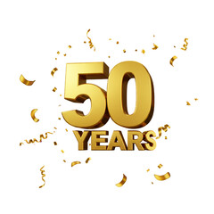3D Rendered Golden 50 Years Anniversary Celebration with Confetti on Isolated Transparent Background
