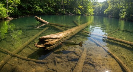 Submerged logs and a solitary fish are visible through the transparent surface of a pristine, clear freshwater lake in a secluded forest