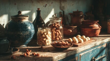 Fototapeta premium Classic kitchenware filled with homemade snacks, bathed in soft nostalgic light, evoking memories of family and tradition.